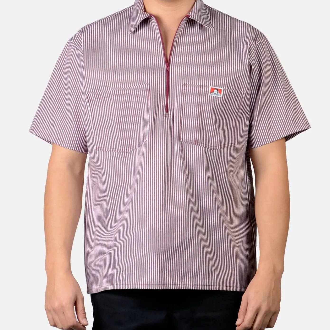Short Sleeve Striped 1/2 Zip Shirt - Burgundy
