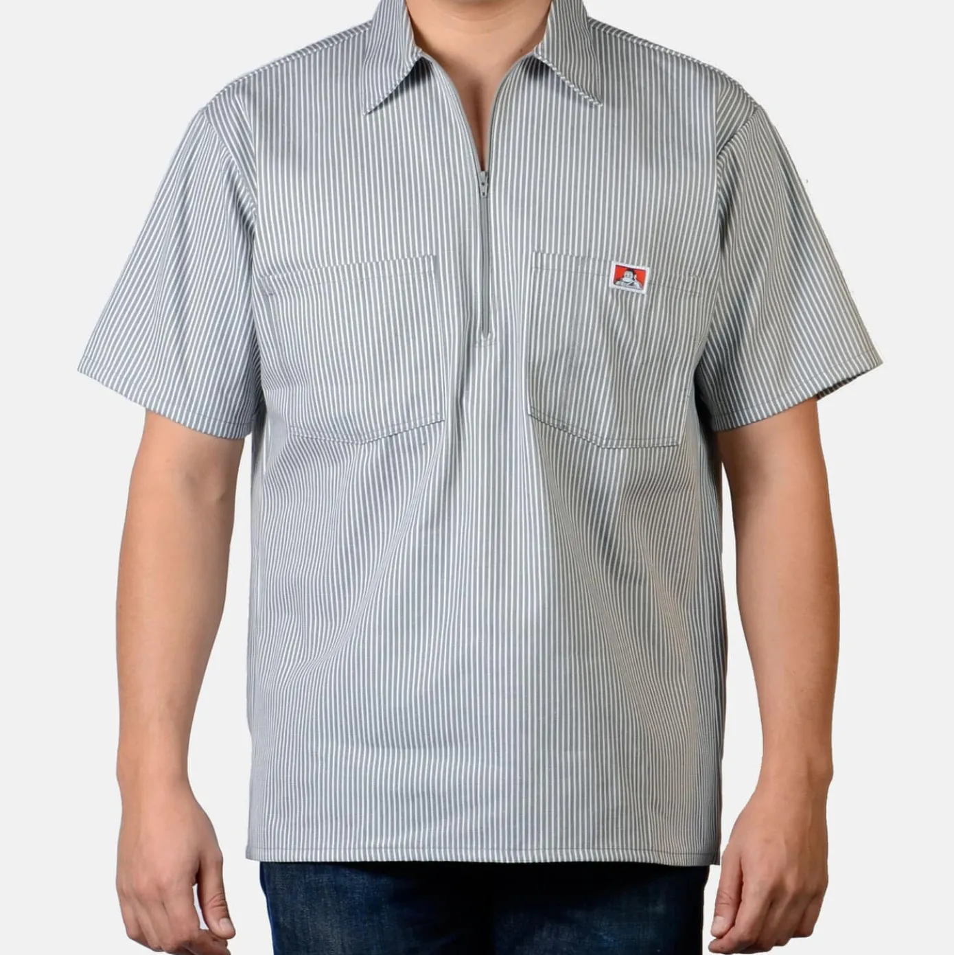 Short Sleeve Striped 1/2 Zip Shirt - Grey